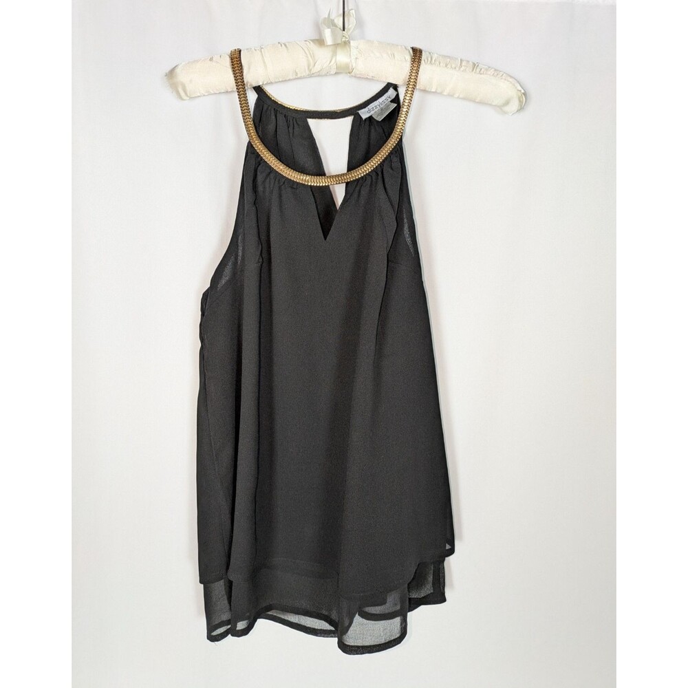 Dizzy Lizzy Size M Black Chiffon Tiered Halter Tank Gold Chain Necklace Top
